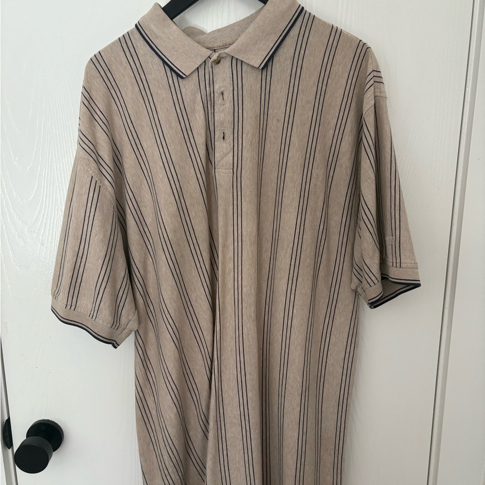 Izod Beige and Navy Blue Striped Polo Shirt